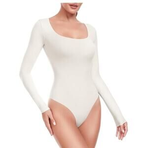 Heynuts Scoop Neck Long Sleeve Double Layer Bodysuit White Opal NWT M High Cut